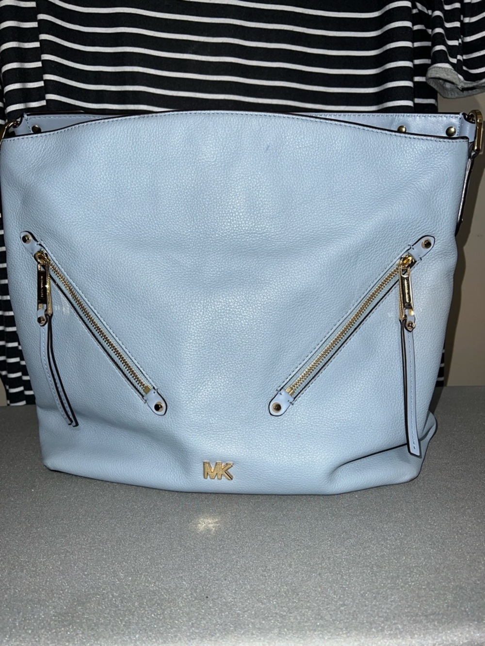 Michael Kors Pale Blue Leather Shoulder Hobo with Gold Hardware